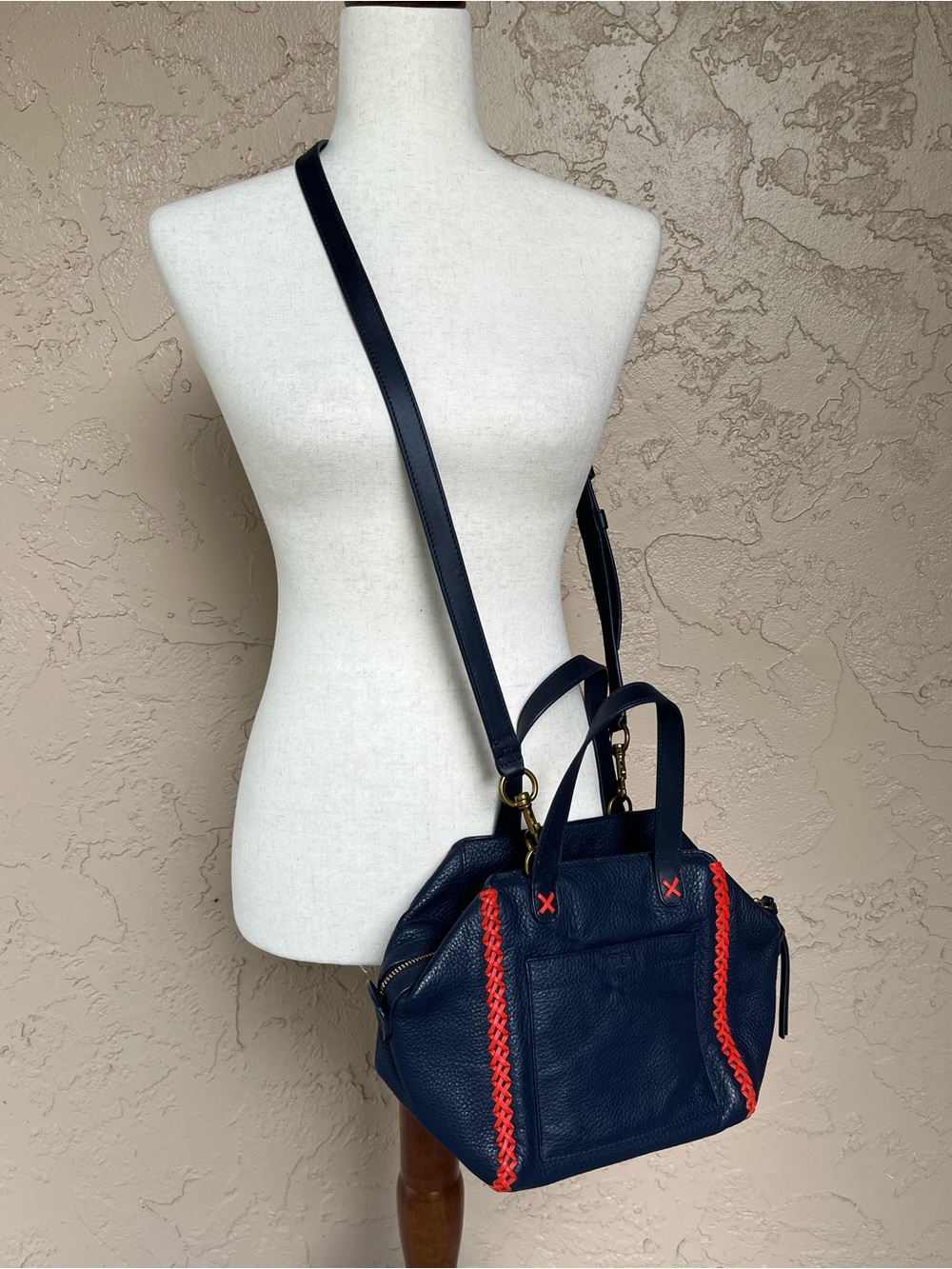 Tory Burch Navy Blue Leather Tote with Red Accent Stitching